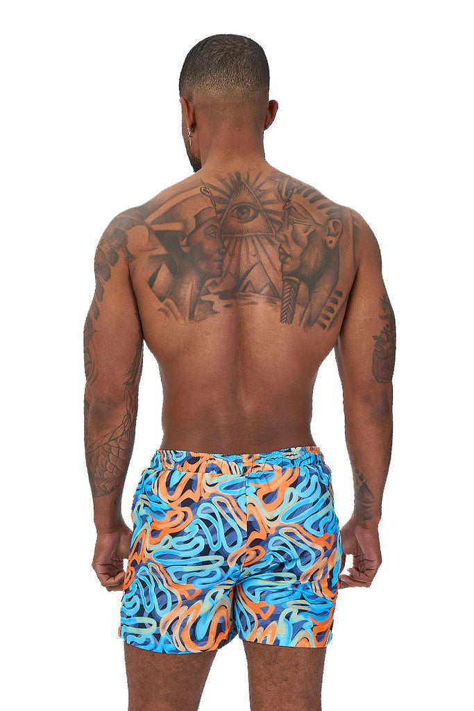 power trip beach shorts-blue swirl print - Icon