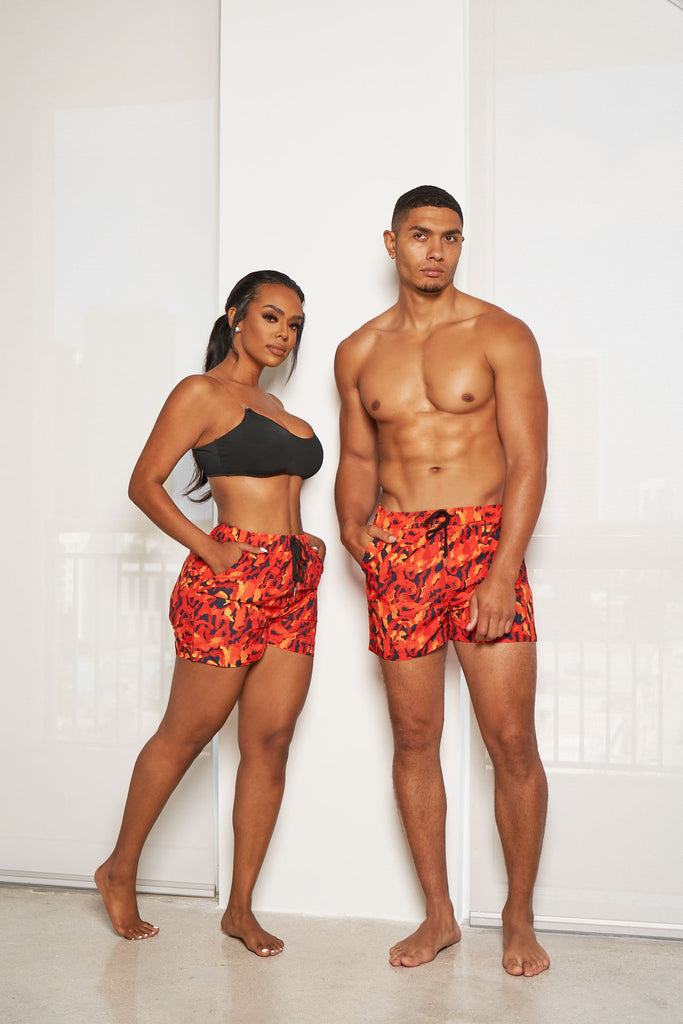 power trip beach shorts-orange abstract - Icon